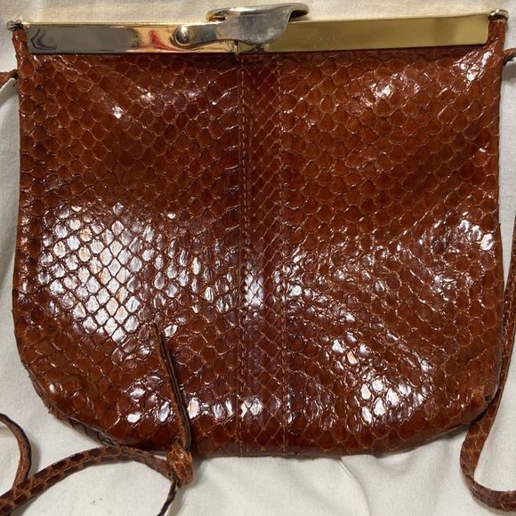 Vintage Small Dark Brown Snake Skin Evening Purse W/Thin Strap Metal hardware - Picture 2 of 12